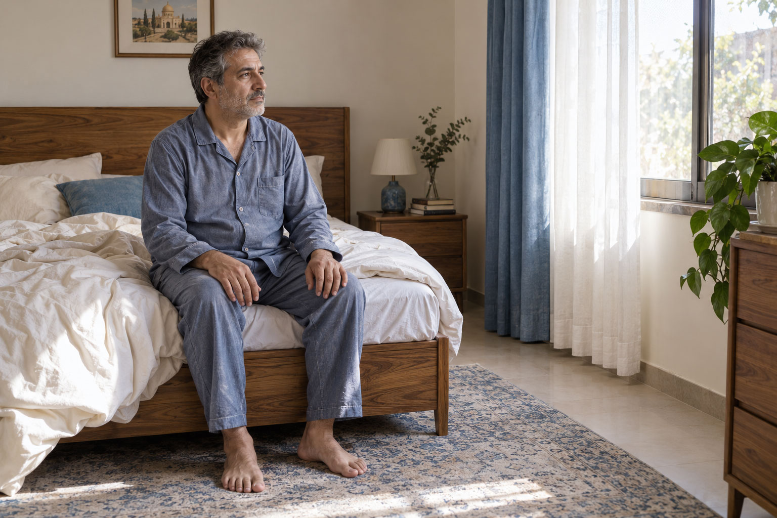 مردی با حالت خسته پس از بیدارشدن روی لبه تخت نشسته است